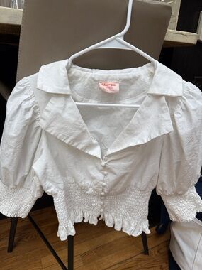Showpo. White Puff-Sleeve Smocked Button Crop Top